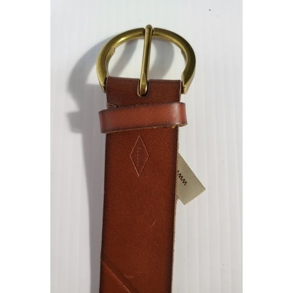Fossil Leather Belt Embossed Casual Jean Belt Brass Buckle Brown Size 34